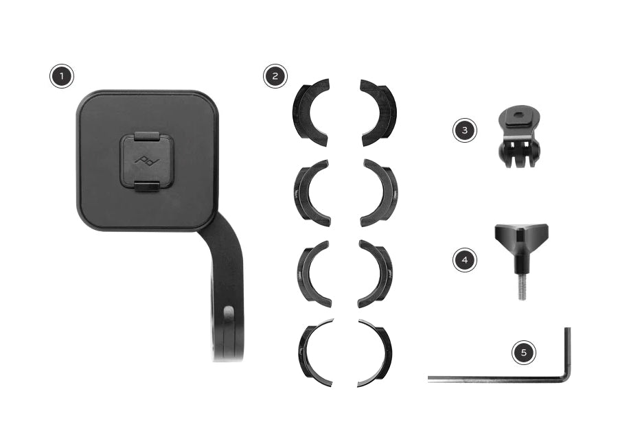 Out Front Bike Mount with four sizing collars, a GoPro Accessory Mount and screw, a thumb screw and hex wrench