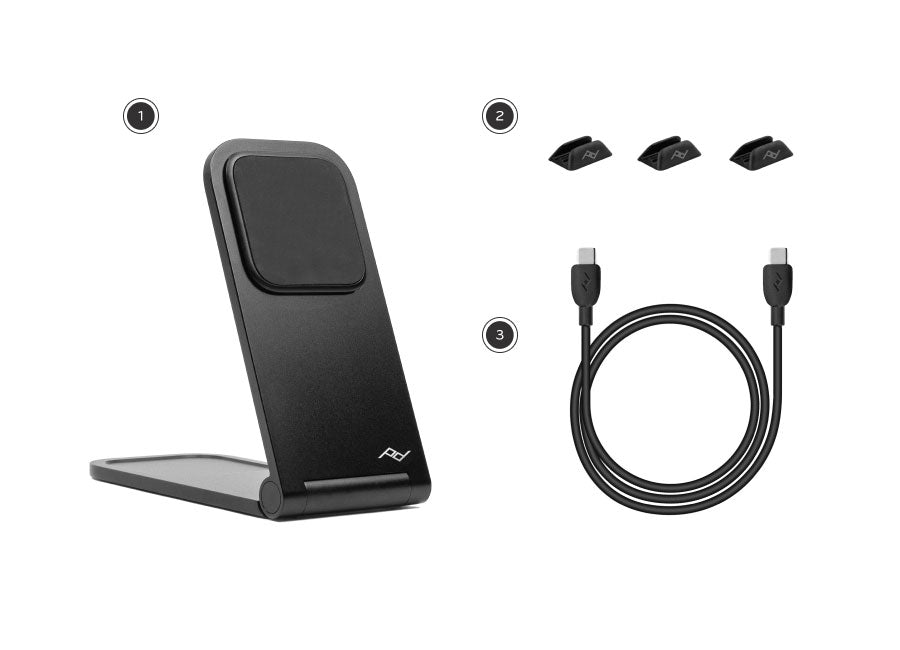 Wireless Charging Stand with three charging cable routing clips and a USB-C to USB-C power cord