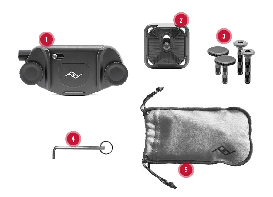 Capture with Standard Plate, hand drive and hex drive long bolts, hex wrench and a microfiber pouch