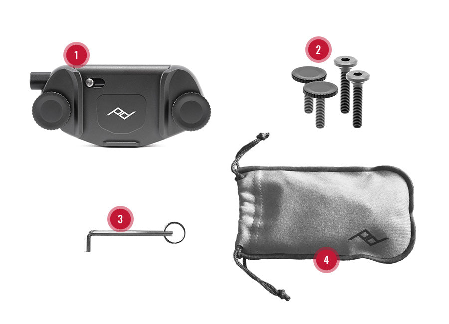Capture Clip with a hand drive and hex drive long bolts, 4mm hex wrench and microfiber pouch