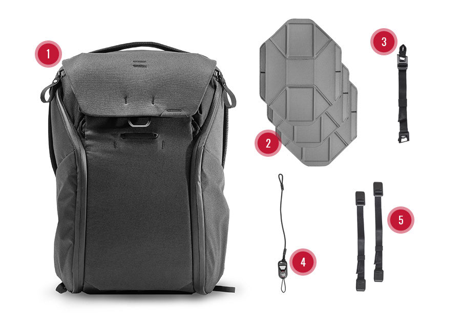 Everyday Backpack with flexfold dividers, sternum strap, key tether, and external carry straps
